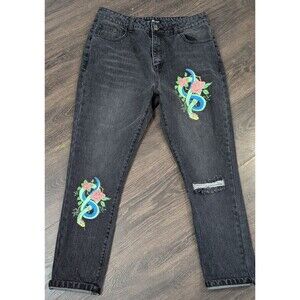 Daisy Street Womens Black Stonewash Snake Design Jeans Size L 33/27  Grunge